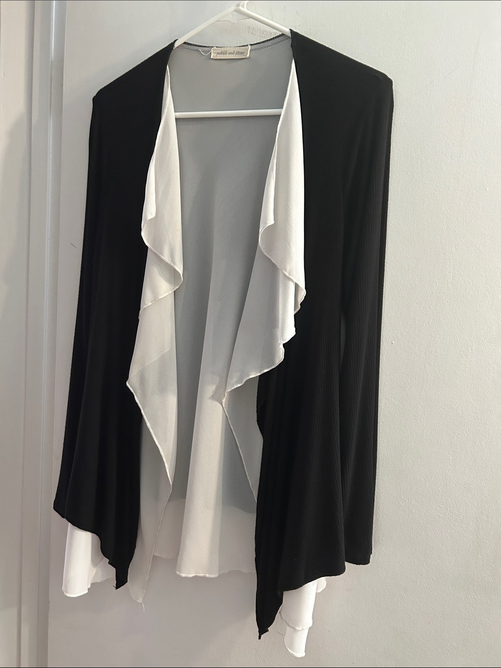 pebble and stone black and white draped open-front cardigan